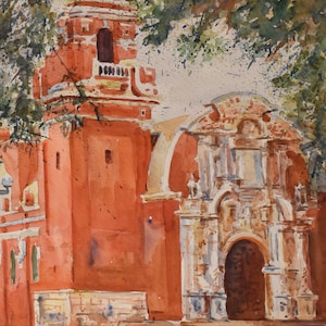 vintage  church  Italy watercolor of front of church artist signed