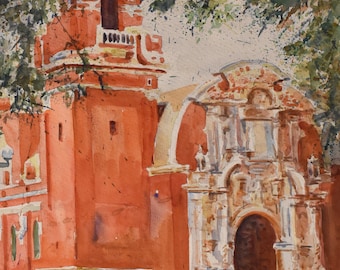 vintage watercolor of front of church signed