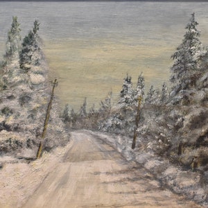 vintage winter    oil    painting   Maine old road trees evergreens
