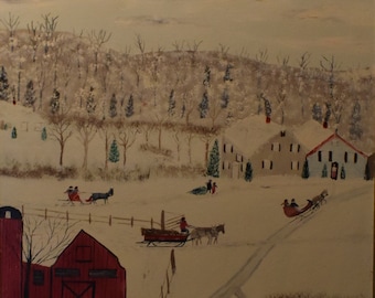 vintage   winter   horses   oil painting of new York  state hills people sleighs barns houses
