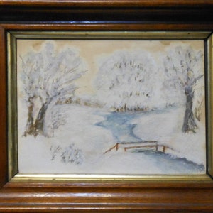 vintage  snow river   watercolor of winter stream fence with bridge   in walnut frame