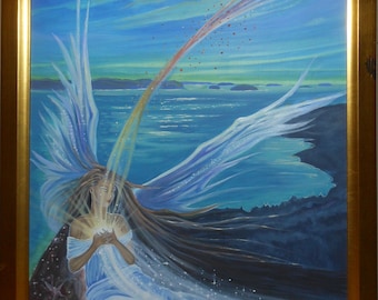 vintage fairy lady oil painting with little fairy ocean islands signed