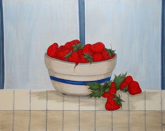 vintage  strawberry  painting   in a white and blue bowl artist signed