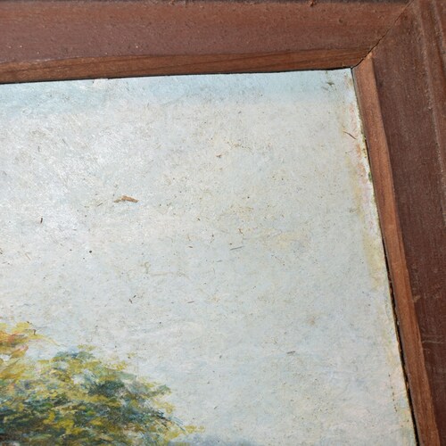 Vintage river art of man rowing boat shops shore oil painting of man in boat river shore trees hills stone viaduct