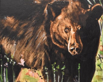 vintage  watercolor paintings  of   brown bear   and Canadian goose drawing
