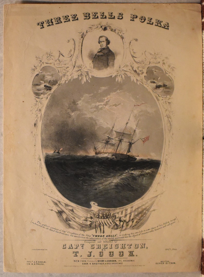 vintage music sheet cover titled three bells polka capt creihton and t j cook