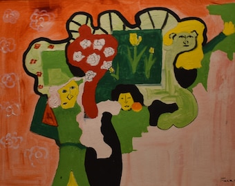 vintage abstract  gouache painting of three  people faces   artist signed Bayard