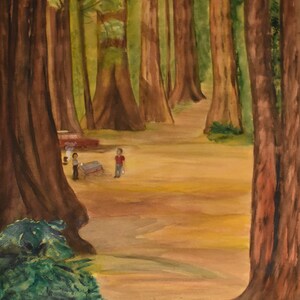 vintage red wood   forest  watercolor   trees people having picnic