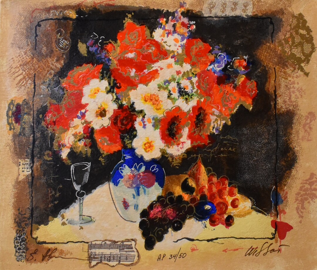 Vintage Still Life Serigraph With Music Notes Wine Glass Fruit Limited ...