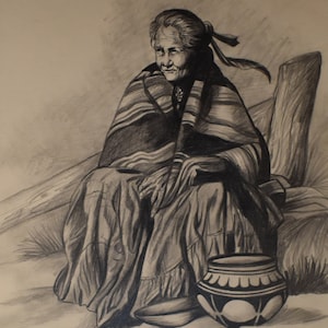 May include: A black and white drawing of an elderly woman wearing a shawl and sitting on a wooden bench. She is holding a small pot in her lap. The drawing is signed "John Blake 1990".