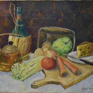 May include: An oil painting depicting a still life with a copper kettle, a straw-wrapped wine bottle, a glass container with a green cabbage, onions, a red tomato, two carrots on a wooden cutting board, and a wedge of cheese on a white plate.