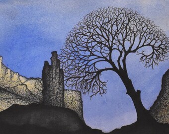 vintage  night tree    watercolor of tree night mountains cactus