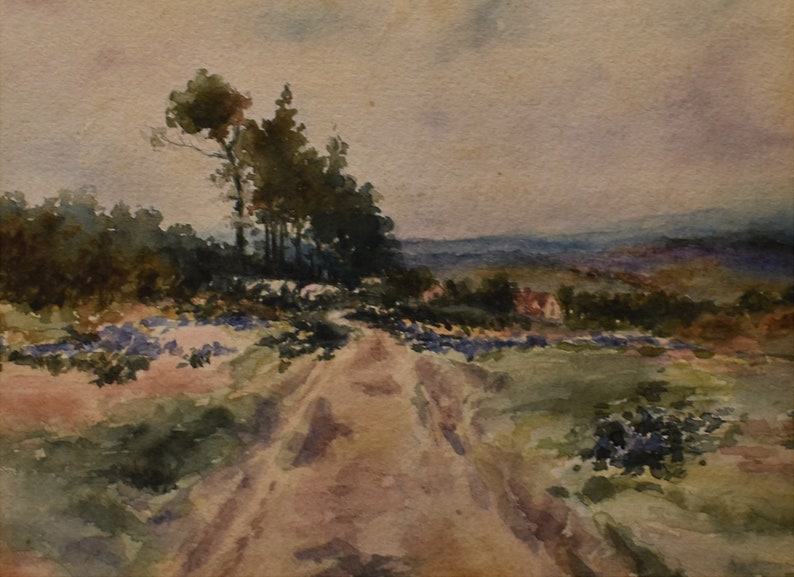 Shops vintage art painting of landscape watercolor field with house and trees
