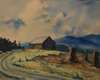 vintage Maine     watercolor of storm in hills hills field hay stacks titled blue October signed