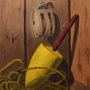vintage     yellow buoy oil painting sea fishing tools      signed