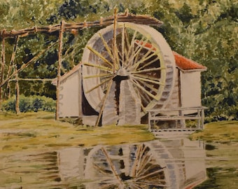 vintage  watercolor of water wheel on pond signed trees hills