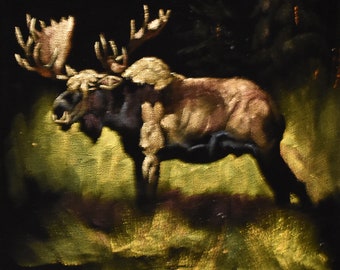 vintage  bull moose   velvet oil painting  in landscape signed