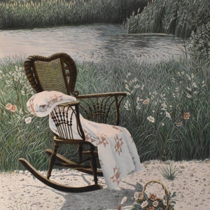 vintage     color lithograph of rocking chair   flowers pond garden signed listed artist Helen Rundell
