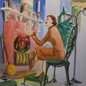 vintage holiday Christmas art watercolor   paintings  wreaths   woman singing carols the other woman actor in make up room ca. 1950 s signed