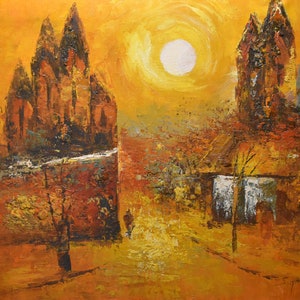 vintage    oil painting sunset  churches road person signed