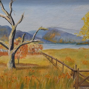 vintage  Maine  lake hills  oil painting of field lake old tree  fence    signed