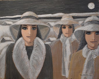 vintage  fashion woman    oil painting of three woman with white hats in landscape signed artist  Serge DUBREUIL