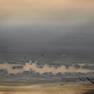 vintage     watercolor of seagull s driftwood sea waves