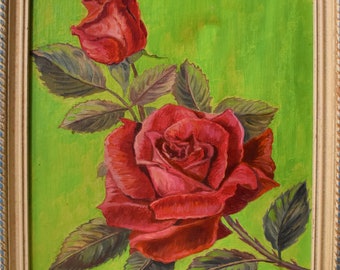 vintage red rose oil painting signed