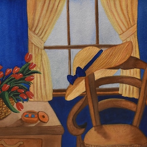 vintage    ribbon straw  hat watercolor of chair hat window tulips artist signed
