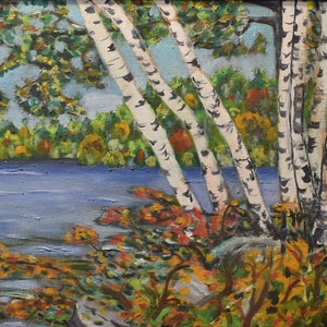 vintage white birch trees   oil painting of white birch trees on pond artist signed