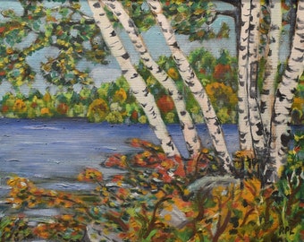 vintage  Maine oil painting of white birch trees on pond signed