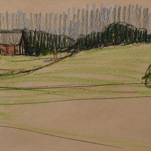 vintage    Maine   landscape ink and watercolor   old red house forest hills  signed