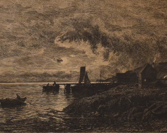 vintage night etching of harbor with boats and houses has remark