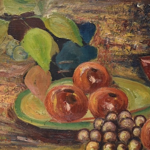 vintage oil painting of fruit on plate with leaves
