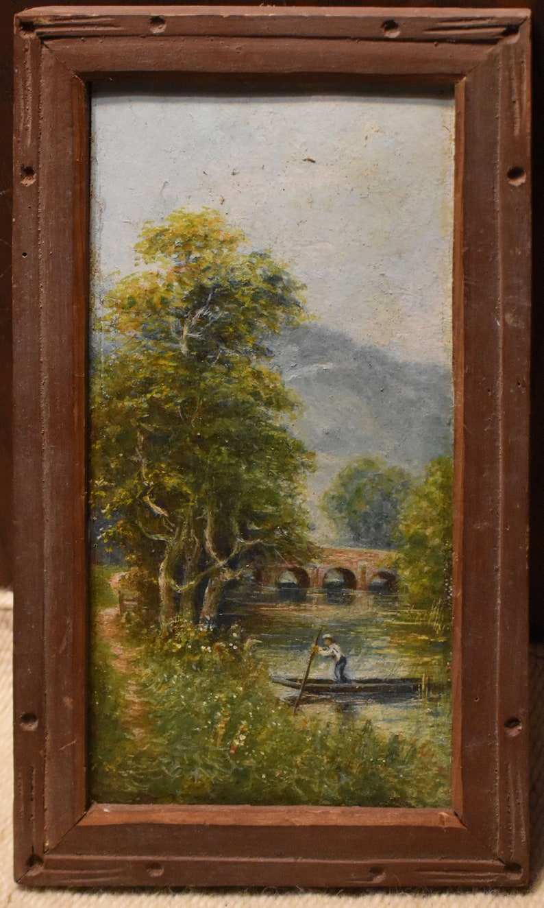 Vintage river art of man rowing boat shops shore oil painting of man in boat river shore trees hills stone viaduct