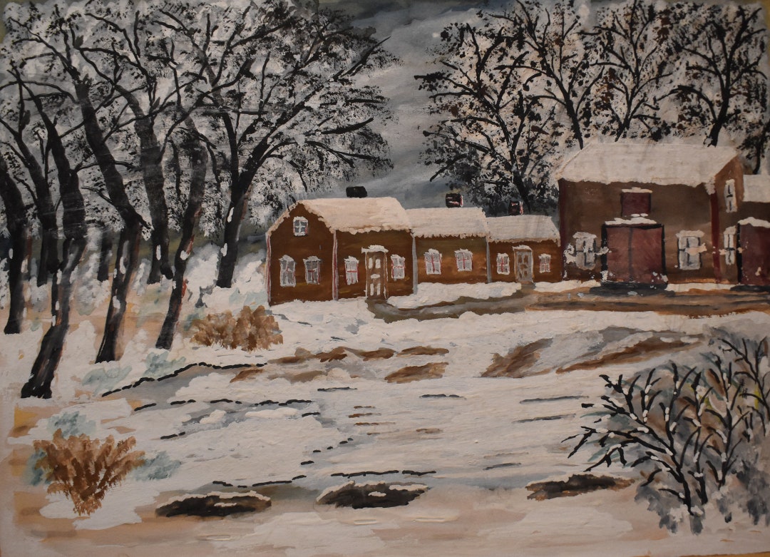 Vintage Folk Art Watercolor Painting of Old House With Attached Barn ...