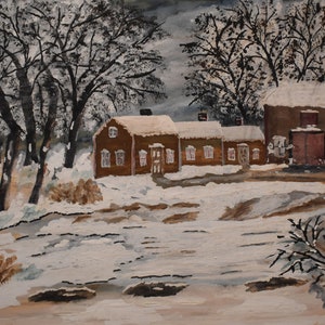 vintage      art  watercolor painting of old house with attached barn winter snow trees artist  signed