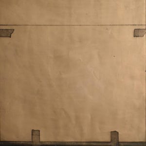 May include: A brown paper background with a horizontal line and two vertical lines drawn in black ink. There are two pieces of tape on the top of the paper and two pieces of tape on the bottom of the paper.