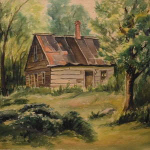 vintage cabin on hill    painting tin roof of old Maine house woods cabin watercolor of old clapboard house with trees grass signed