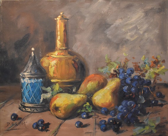 Vintage still life painting of wine purple grapes and - Etsy 日本