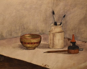 vintage artist watercolor of jar with brushes pot  ink jar pencil