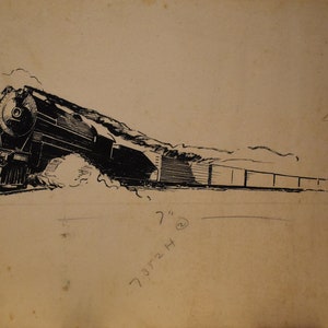 vintage    train   ink drawing    moving train and train cars