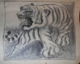 vintage     tiger drawing on paper ca.1900