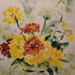 vintage  mums   watercolor  painting of colorful  flowers    signed