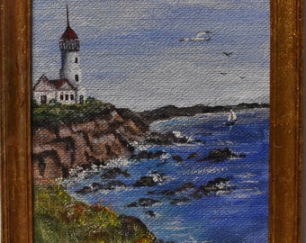 vintage    oil painting of Maine light house miniature  framed signed