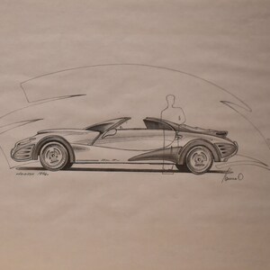 vintage   pencil drawing  race car design ca 1994 signed