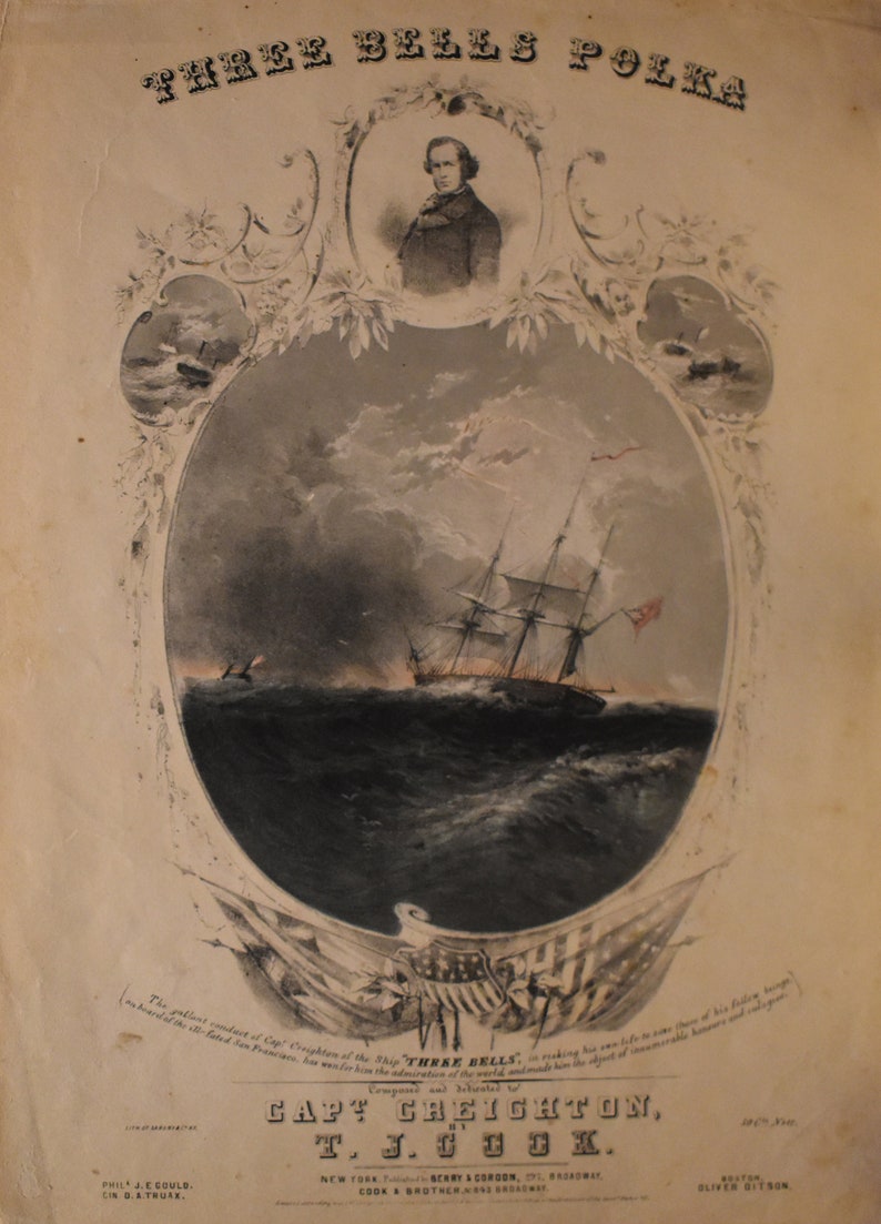 vintage music sheet cover titled three bells polka capt creihton and t j cook