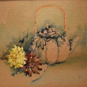 May include: A watercolor painting of a brown teapot with a wicker handle and a floral design. The teapot is sitting on a table with two yellow and brown flowers.