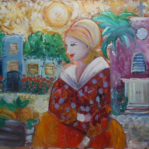 vintage lady oil painting   woman in garden village church garden flowers artist signed