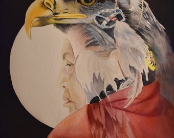 vintage watercolor of native Indian with eagle signed